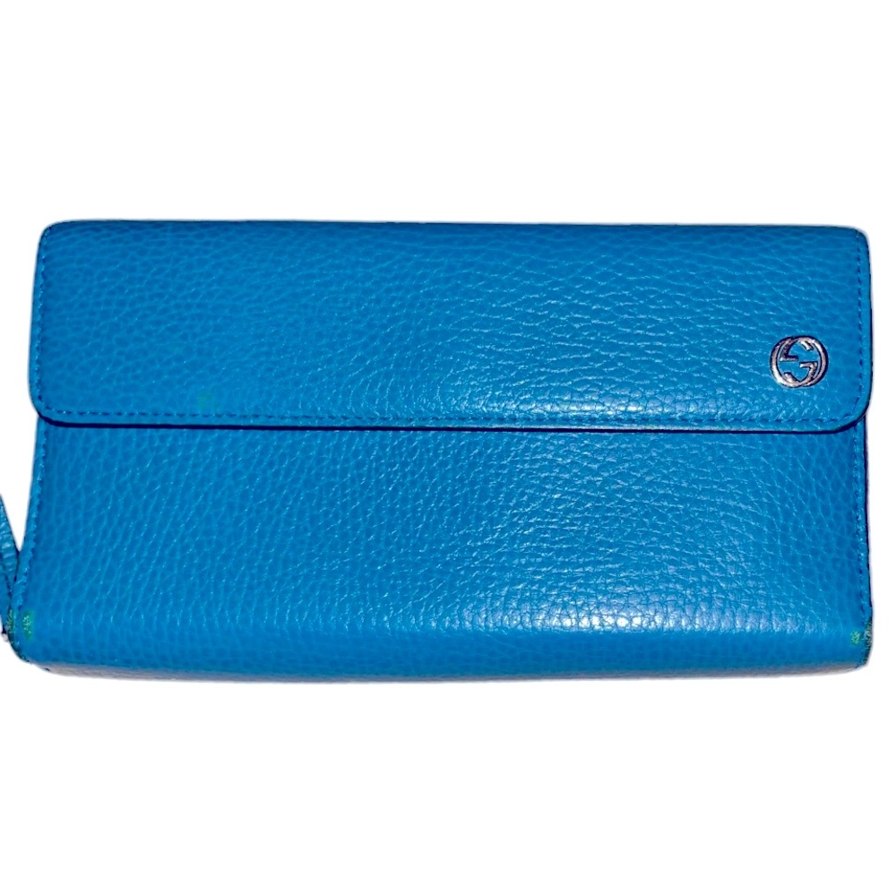 GUCCI Interlocking GG Zip Snap Teal Blue Leather Long Wallet - Picture 12 of 12